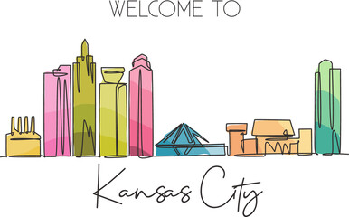 Wall Mural - One single line drawing of Kansas city skyline, United States. Historical town landscape. Best holiday destination wall decor poster print art. Trendy continuous line draw design vector illustration