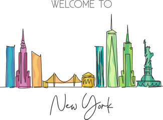 Wall Mural - One continuous line drawing of New York city skyline, United States of America. Beautiful city landmark. World landscape vacation. Editable stylish stroke single line draw design vector illustration