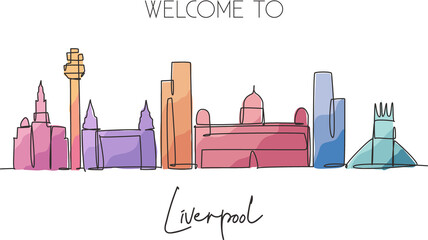 Wall Mural - One single line drawing Liverpool city skyline. Historical city skyscraper landscape in world. Best destination home wall decor poster print concept. Continuous line draw design vector illustration