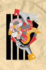 Sticker - Vertical creative abstract photo collage of arm hold smartphone spread false news manipulate society isolated on pastel paper background