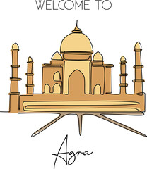 Single one line drawing Taj Mahal mosque. Beauty historical iconic place in Agra, India wall decor poster art. Tourism travel postcard concept. Modern continuous line draw design vector illustration