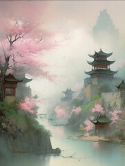 Canvas Print - japanese garden with cherry blossoms