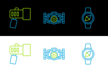 Poster - Set line Compass, Flashlight and Photo camera icon. Vector