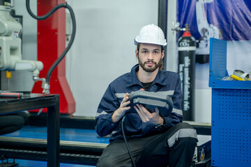 Fototapete - Robotics industry concept,Robotics control engineers setting and maintain spare parts of industrial robot arm controller in production plant factory.