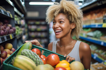 a black woman holding a box of fresh fruits in a grocery store