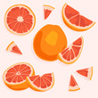 Grapefruit vector icons set. Cut grapefruit parts, skin and pulp. Healthy fruits and natural products.