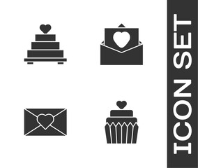 Sticker - Set Wedding cake with heart, , Envelope Valentine and icon. Vector