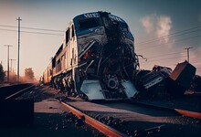Crash Derailed Train In Railroad Crossing Accident. Generative AI