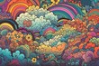 Colorful clouds and rainbow psychedelic abstract retro background. Generative AI