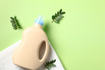 Laundry detergent for children on towel, eco-friendly, top view