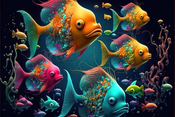 Wall Mural - childish colorful alien fishes swimming underwater, created with generative ai