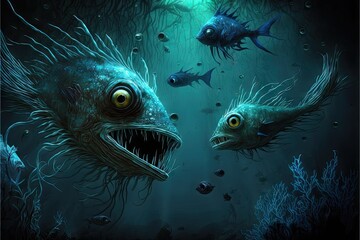 Wall Mural - spooky alien fishes swimming underwater, created with generative ai