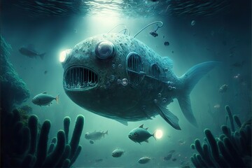 Wall Mural - alien ship fishes swimming underwater, created with generative ai