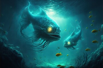 Wall Mural - ugly alien fishes swimming in murky water, created with generative ai