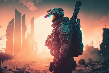 sci-fi soldier with the gun. futuristic soldier standing on city ruins against the glowing planet, g