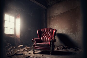 Wall Mural - Red leather armchair in dirty abandoned old room, created with generative ai