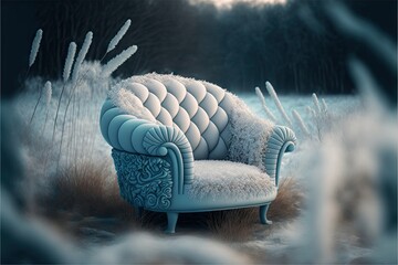 Wall Mural - frozen soft armchair in winter nature, created with generative ai
