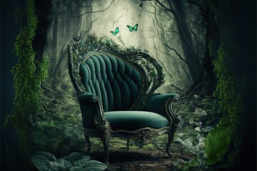 Canvas Print - Mystical green soft armchair in fairy tale forest, created with generative ai