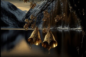 Canvas Print - Shining gold bells hanging on dark tree branch with beautiful winter lake in background, created with generative ai