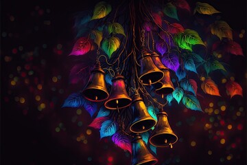Wall Mural - glowing colorful bells hanging on big mystical tree branches, created with generative ai