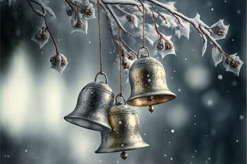 Poster - Silver bells hanging on bare tree branch with winter nature in background, created with generative ai