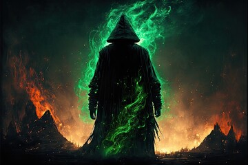 Wall Mural - back view of cloaked man with big magical green bonfire in background, created with generative ai