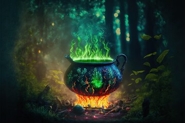 Wall Mural - Green potion in magical cauldron on bonfire in fairy tale forest, created with generative ai