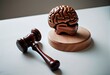 Brain and hammer judge gavel on wooden table in courtroom with white wall background copy space. Intellectual property (IP) legal law protection concept. Laws to protect and enforce. Generative AI