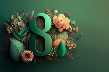 Women's Day Celebration Background, 8 March, Number On Green Decorated With Flowers And Plants Leaves, Copy Space