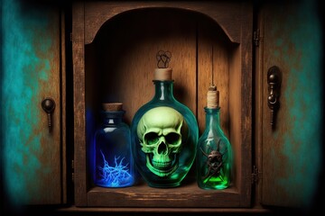 Poster - Bottles and human skull inside old wooden cupboard background, created with generative ai