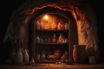 Wall Mural - stone cupboard in stone age cave, created with generative ai