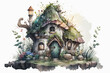 Cute fantasy whimsical cottage house  watercolor, Generative AI