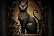 Black Egyptian Bastet Cat On Stone Background With Carved Egyptian Ornament, Created With Generative Ai