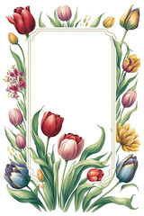 Wall Mural - Framed border design card with tulips spring flowers watercolor, Generative AI