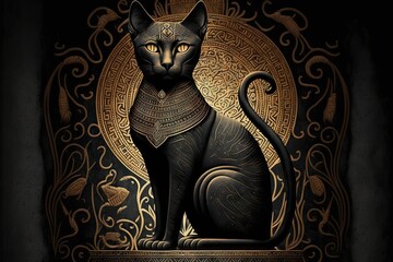 Black Egyptian Bastet cat on stone background with carved Egyptian ornament, created with generative ai