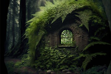 Poster - Ferns growing on fairy tale hut, created with generative ai