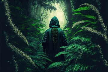 Wall Mural - Back view of cloaked man on path between huge mysterious ferns, created with generative ai