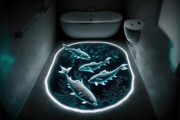 Wall Mural - beautiful glowing fishes swimming in luxury bathroom floor in darkness, created with generative ai