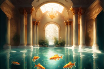 Wall Mural - goldfishes swimming in small cozy luxury indoor pool, created with generative ai