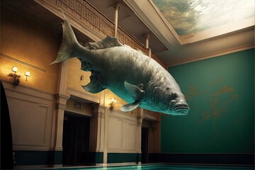 Wall Mural - One big beautiful fish swimming in luxury indoor pool, created with generative ai