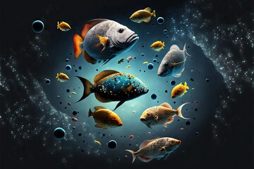 Wall Mural - beautiful fishes floating in outer space with asteroids, created with generative ai