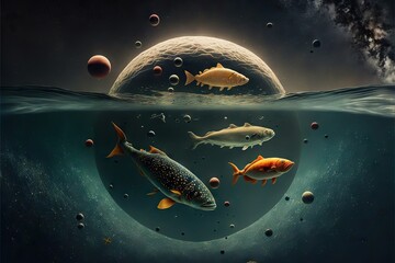 Wall Mural - fishes floating in outer space with planets, created with generative ai