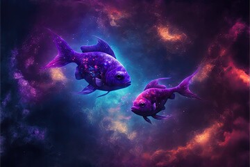 Wall Mural - violet and purple fishes floating in outer space with nebula background, created with generative ai