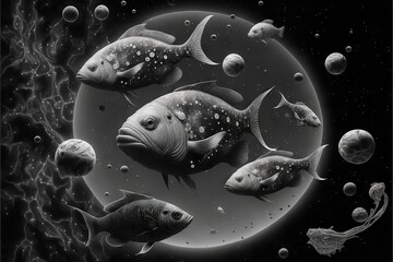 Sticker - Greyscale fishes floating in outer space with planets and stars, created with generative ai