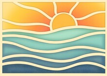 Summer Illustration. The Sun At Sunset And The Waves At Sea. Vacation By The Ocean