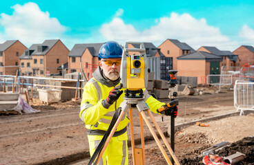 surveyor builder site engineer with theodolite total station at construction site outdoors during su