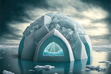 Canvas Print - Ice igloo on drifting ice-floe with icebergs in background, created with generative ai