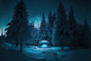 Wall Mural - Glowing blue igloo among snowy fir trees in beautiful winter nature at night, created with generative ai