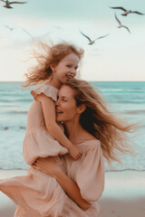 A young beautiful mother enjoying with her sweet daughter on the beach, motherly love through kisses and hugs on the hot sand, on the seashore. Family vacation. Generative AI.