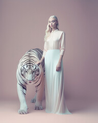 Snow white abstract elegant portrait of a young beautiful girl with a big dangerous bengal white tiger. Gentle white color tones, women and wild animal. Generative AI.